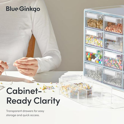 Blue Ginkgo Medium 16-Drawer Cabinet – Stackable Clear Organizer for Hardware, Beads, Plastic Bricks, Office, and Craft Storage (Made in Korea, Yellow)
