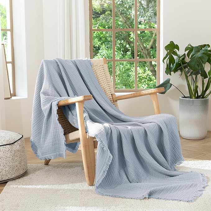 MooMee Muslin Blanket - 100% Cotton 4-Layer Gauze Throw Blanket with Tassels Ultra-Soft Breathable Lightweight Cooling for Bed Couch (Dusty Blue,Oversize Queen 98" x 98")