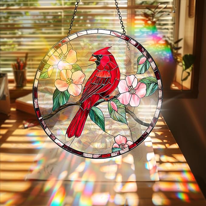 Bimkole Red Bird Sun Catchers Indoor Window - Flowers Acrylic Suncatcher Hanging Decoration for Living Room Bedroom Summer Home Balcony Outdoor Garden Ornaments Decoration 7.8x7.8 Inch