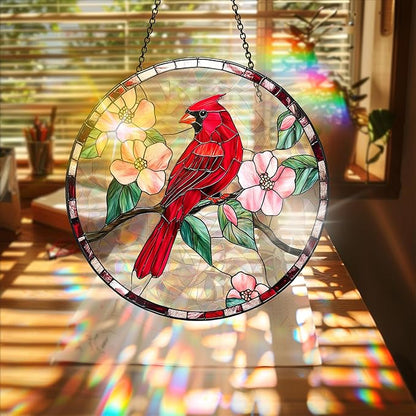 Bimkole Red Bird Sun Catchers Indoor Window - Flowers Acrylic Suncatcher Hanging Decoration for Living Room Bedroom Summer Home Balcony Outdoor Garden Ornaments Decoration 7.8x7.8 Inch