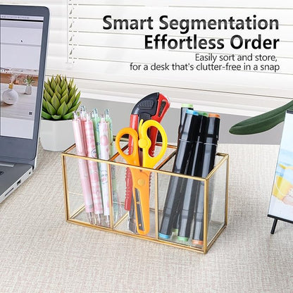 Pencil Holder for Desk,Tempered Glass Pen Holder,3&4 Compartments,Desktop Storage Organizer for Office Supplies,School Supplies,Pens,Markers,Pencils,Scissors,Paperclips (Gold, 3 compartments)