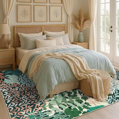 DEXDE Washable Area Rugs 6x9 for Living Room, Floral Large Rug Boho Print Vintage Low Pile Non Slip Carpet for Bedroom Kids Room Nursery Office Dinning Room, Dark Green