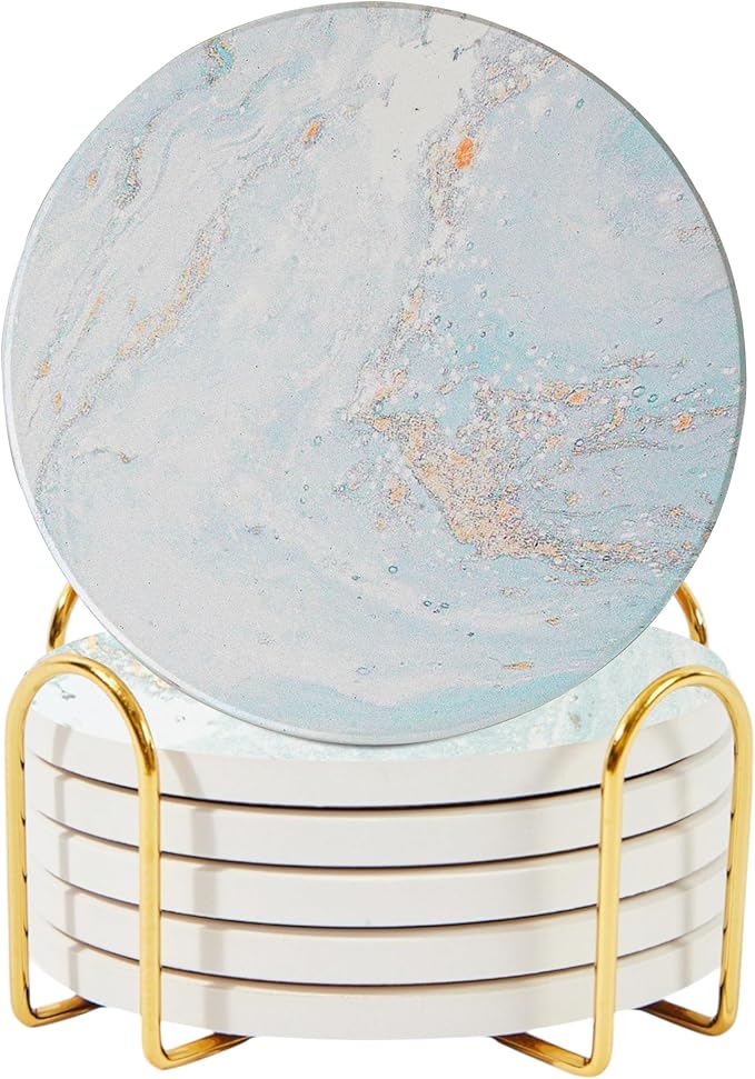 Ceramic Absorbent Coasters Set of 6 with Holder, Marble Drink Coasters for Coffee Table, Water Absorbing Coaster (White)
