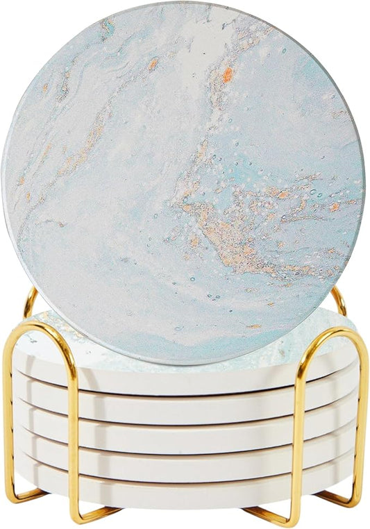 Ceramic Absorbent Coasters Set of 6 with Holder, Marble Drink Coasters for Coffee Table, Water Absorbing Coaster (White)