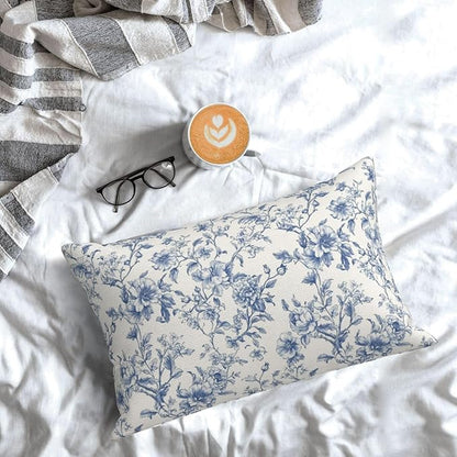 Blue Pillow Covers 12x20 Set of 2 Chinoiserie Blue and Cream Floral Throw Pillows Vintage Rustic Toile Flower Decorative Pillowcase Outdoor Chinoiserie Decor Lumbar Cushion Case for Couch Bed