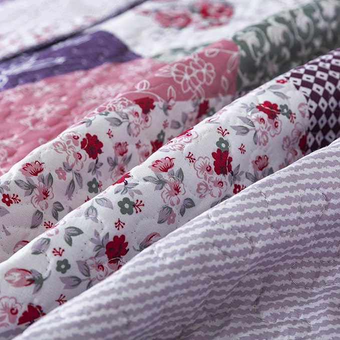 HoneiLife Quilt Set King Size - 3 Piece Microfiber Quilts Reversible Bedspreads Patchwork Coverlets Floral Bedding Set All Season Quilts-Little Rose,Purple