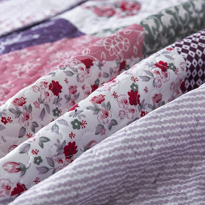 HoneiLife Quilt Set King Size - 3 Piece Microfiber Quilts Reversible Bedspreads Patchwork Coverlets Floral Bedding Set All Season Quilts-Little Rose,Purple