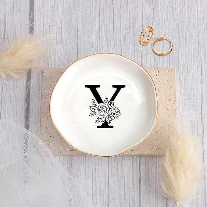 JoycuFF Initial Y Ceramic Jewelry Tray, Bridesmaid Bride Gifts, Mothers Day Christmas Anniversary Engagement Birthday Gifts for Women Couples, Trinket Dish for Rings Earrings Necklaces Bracelets Keys