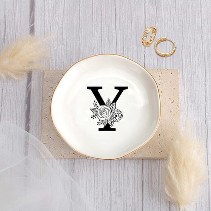 JoycuFF Initial Y Ceramic Jewelry Tray, Bridesmaid Bride Gifts, Mothers Day Christmas Anniversary Engagement Birthday Gifts for Women Couples, Trinket Dish for Rings Earrings Necklaces Bracelets Keys