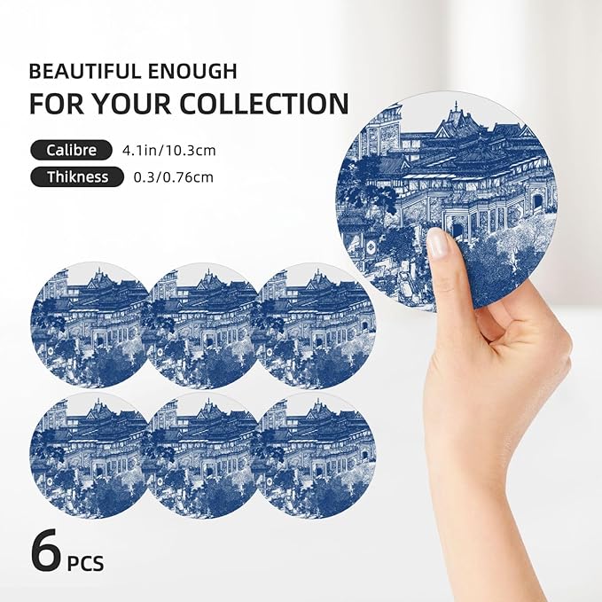6 Pcs Ceramic Coasters with Holder Absorbent Drink Round Blue Chinoiserie Porcelain Inspiration Design for Home Table Coffee Cup Wine Beer Bar,Size 4.4 inches