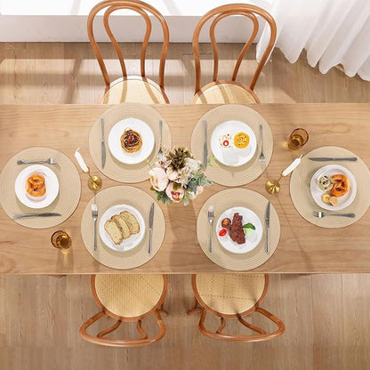 SHACOS 15 inch Round Braided Placemats Set of 6 Non Slip Heat Resistant Round Table Mats Fabric Place Mats for Dinner Party Table Decoration (Light Beige, 6)