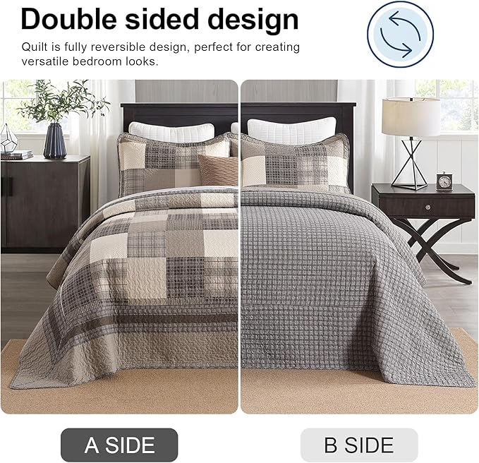 EWlinens 120"x128" Oversized California King Bedspread - 100% Cotton Lightweight Cal King Bedspreads Coverlet Set, Farmhouse Patchwork Plaid Reversible Quilts Bedding Set, 3 Pieces, Brown/Beige/Khaki
