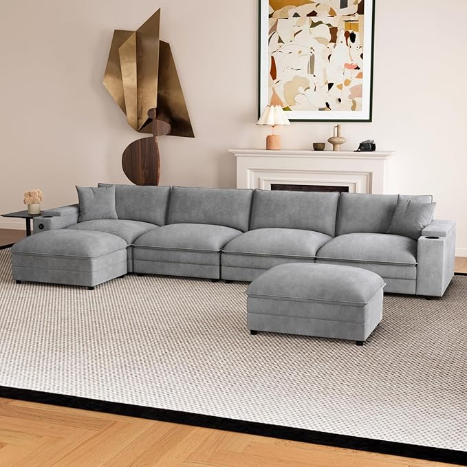 148.7" U Shaped Cloud Sofa Couch with Ottoman, Storage Armrest, Cup Holders, USB & Type-C Ports, Spring Cushions, Solid Wood Frame, Chenille Modular Sectional for Living Room (Light gray-U-148.7")