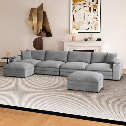 148.7" U Shaped Cloud Sofa Couch with Ottoman, Storage Armrest, Cup Holders, USB & Type-C Ports, Spring Cushions, Solid Wood Frame, Chenille Modular Sectional for Living Room (Light gray-U-148.7")
