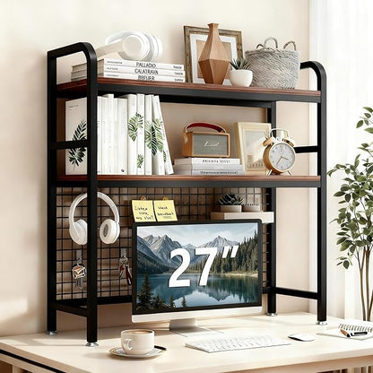 Desk Hutch Bookshelf, 2-Tier Desktop Storage Organizer Rack with Sturdy Metal Frame and Wood Board, 37.4″ Wide for Home Office or Dorm, Walnut