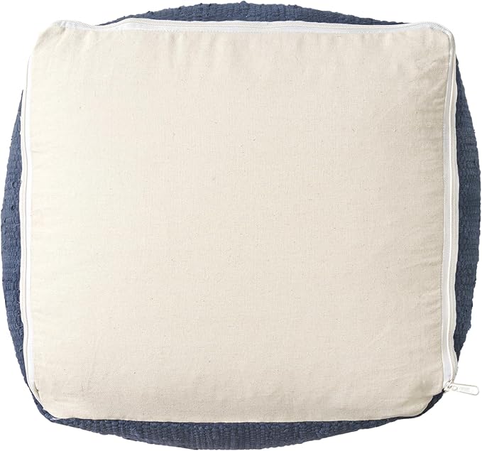 LR Home Indigo Bordered Transitional Hand-Loomed Cotton Pouf with Jute Braid for Home Decor | Farmhouse Cube Foot Rest for Bedroom & Living Room Decor | 18 x 18 x 18 Stuffed Ottoman for Seating