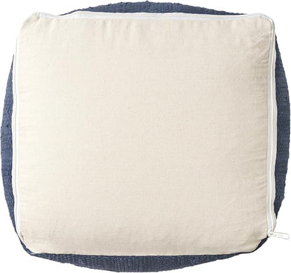 LR Home Indigo Bordered Transitional Hand-Loomed Cotton Pouf with Jute Braid for Home Decor | Farmhouse Cube Foot Rest for Bedroom & Living Room Decor | 18 x 18 x 18 Stuffed Ottoman for Seating