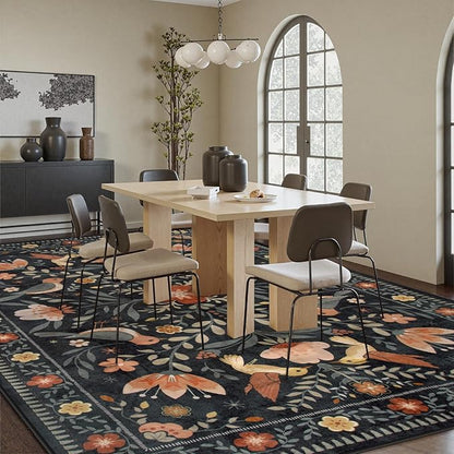 Moynesa Area Rugs 9x12 Black Folk Art Home Decor, Modern Transitional Aesthetic Floral Bird Medallion Carpet for for Living Room Bedroom Dining Room,Non-Slip Washable Floor Protection