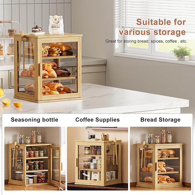 WOWLIVE Bamboo Bread Box for Kitchen Countertop, Large 3 Layers Bread Storage Container for Homemade Bread with Window, Farmhouse Breadbox Organizer for Kitchen, Cabinet, Pantry (Natural, Extra Large)