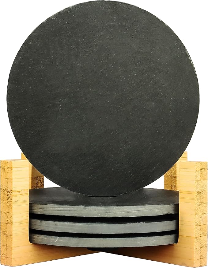 Slate Coasters Set of 4 with Bamboo Holder - Black Round Stone Drink Coasters for Coffee Table, Anti-Scratch Coasters to Protect Wood/Glass Surfaces, Boho Home Decor for Kitchen/Bar/Office (4 Pack)