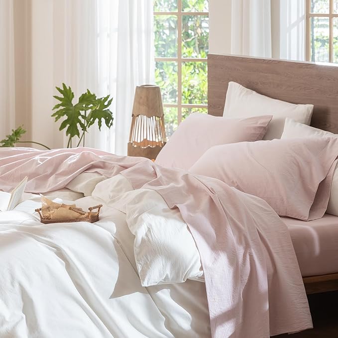 MooMee Bedding Sheet Set 100% Washed Cotton Linen Like Textured Breathable Durable Soft Comfy (Heathered Greyish Pink, Twin)