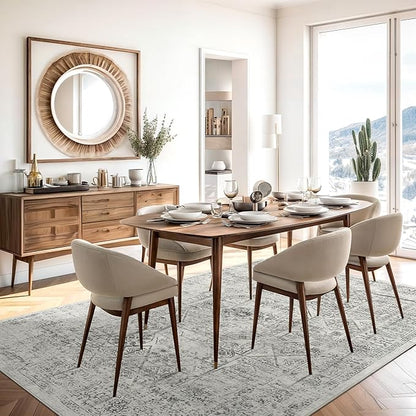 Washable Area Rug 8x10, Gray Soft Rug for Living Room Vintage 8x10 Area Rugs for Bedroom Dining Room Floral Non-Slip Thin Grey Rug