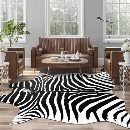 AROGAN Premium Faux Zebra Hide Rug 5.2 x 6.2 Feet, Sturdy and Large Size Bear Print Rugs, Suitable for Bedroom Living Room Western Decor, Faux Fur Animal Carpet, Black and White