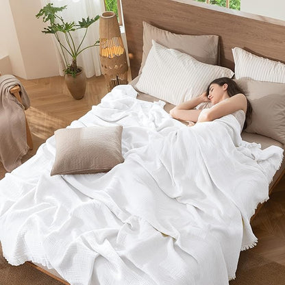 MooMee Muslin Blanket - 100% Cotton 4-Layer Gauze Throw Blanket with All-Around Fringe, Ultra-Soft Breathable Lightweight Cooling Decorative for Bed, Sofa & Couch (Bright White,Twin XL 66" x 90")