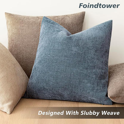 Foindtower Pack of 2 Soft Textured Chenille Throw Decorative Pillow Covers Square Accent Solid Cushion Cover Cozy Neutral Farmhouse Pillow Case for Couch Sofa Bedroom Living Room 22x22 Inch,Blue