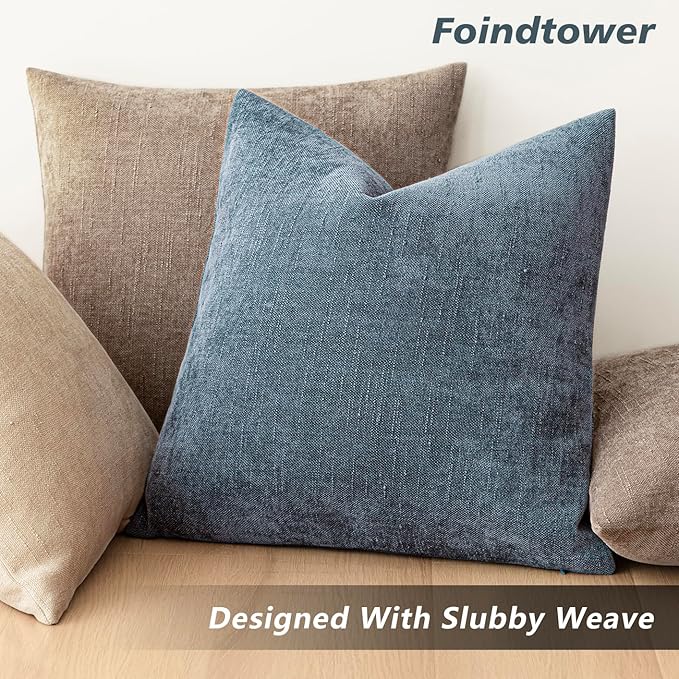 Foindtower Pack of 2 Textured Chenille Throw Decorative Pillow Covers Square Accent Solid Cushion Cover Neutral Farmhouse Lumbar Pillow Case for Couch Sofa Bedroom Living Room 12x20 Inch,Blue