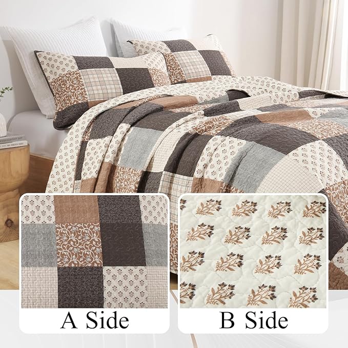 100% Cotton Quilt Set King Size - Plaid Quilted Comforter, Patchwork Reversible King Quilt Bedspread, Modern Farmhouse Lightweight Bedding for King Bed, 3pcs, Beige/Brown/Gray