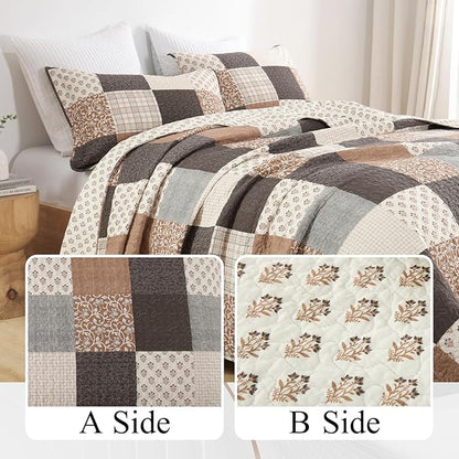 100% Cotton Quilt Set Queen Size - Plaid Quilted Comforter, Patchwork Reversible Queen Quilt Bedspread, Modern Farmhouse Lightweight Bedding for Queen Bed, 3pcs, Beige/Brown/Gray