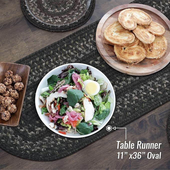 Homespice Jet Black Braided Oval Table Runner, Warm Primitive Decor,11x36 - Jute Dining Table Accessories - Rich Colors, Easy to Clean, Durable and Protects Furniture