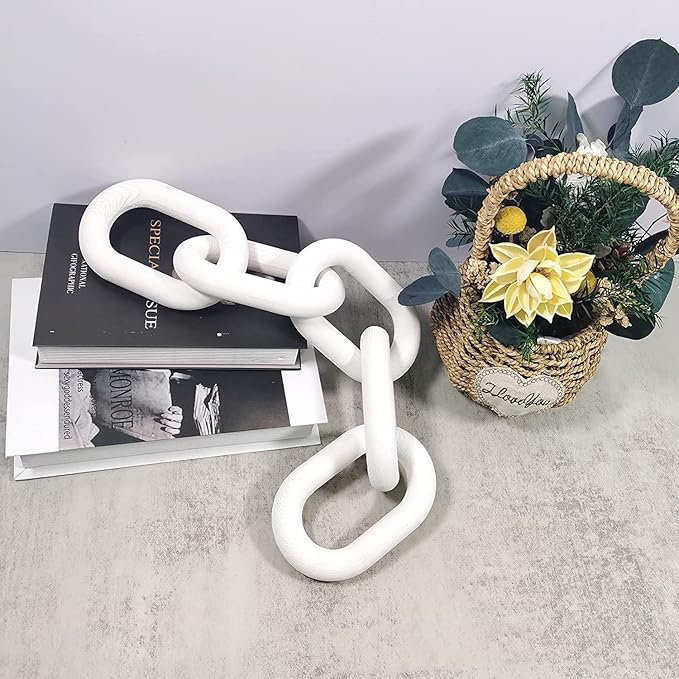 Decorative Wood Chain Link Modern Boho Home Farmhouse Decor, 5 Link Chain Decor Hand-Carved Wooden Aesthetic Crafts, Sustainable Pine Wood for Shelf, Living Room, Rustic Country