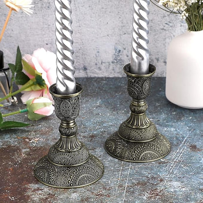 OwnMy Set of 2 Taper Candle Holders Vintage Metal Pillar Candlestick Holders 4”H, Elegant Brass Candle Stick Holders Decorative Candelabra Set for Dining Table Centerpieces Wedding, Antique Bronze