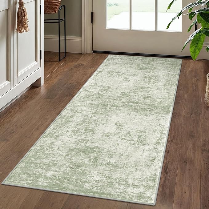 Modern Abstract Runner Rug 2x5 – Sage Green Grey Washable Non-Slip Hallway Kitchen Rug