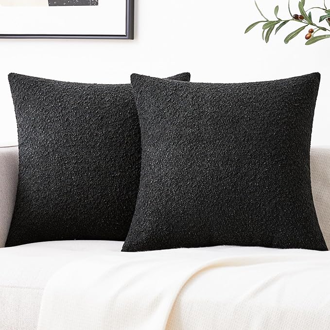 Mixhug Decorative Boucle Throw Pillow Covers, Black, 18 x 18 Inches, Pack of 2 - Textured Boho Pillow Covers for Couch and Bed