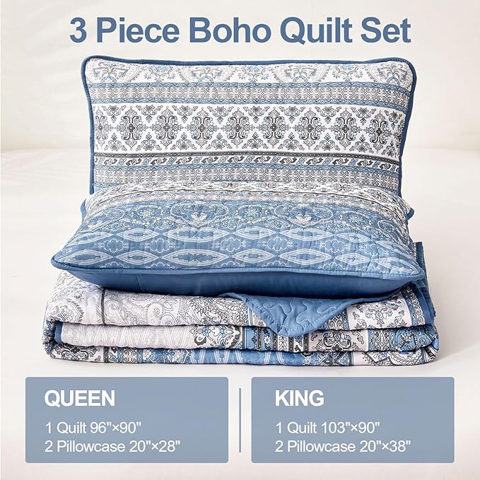 WONGS BEDDING Boho Queen Quilt Set, Light Blue Bohemian Queen Quilt Bedding Set, Lightweight Microfiber Bed Decor Bedspread for All Season 96"x90"(3 Pieces)