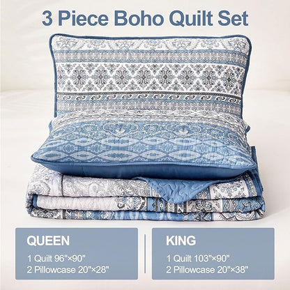 WONGS BEDDING Boho Queen Quilt Set, Light Blue Bohemian Queen Quilt Bedding Set, Lightweight Microfiber Bed Decor Bedspread for All Season 96"x90"(3 Pieces)