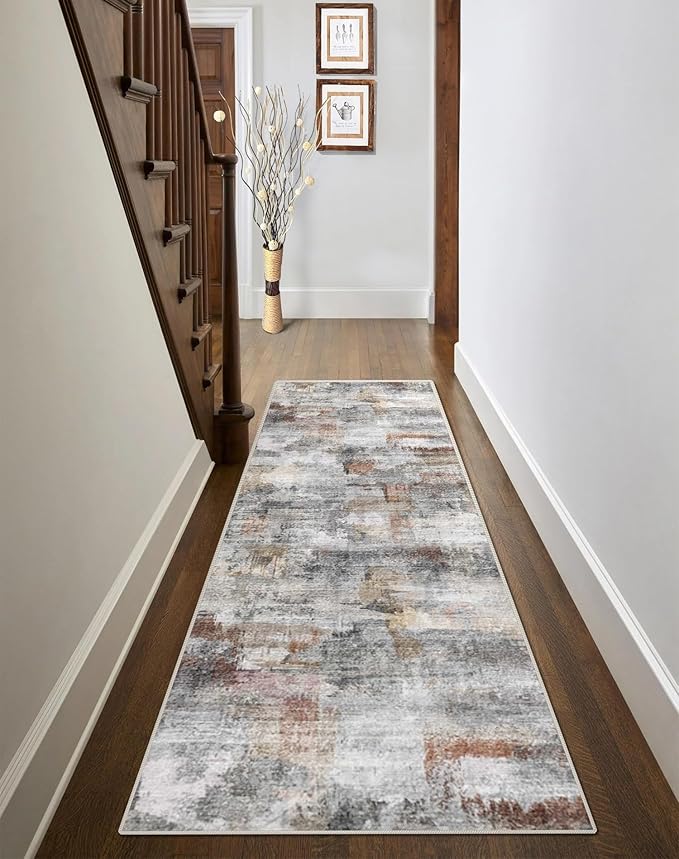 vivorug Grey Runner Rug 2x10 Machine Washable Rug with Non-Slip Backing, Ideal for Kitchen Hallway Entryway Laundry Room - Modern Abstract, Durable, Easy Clean, Low Pile Carpet Runner
