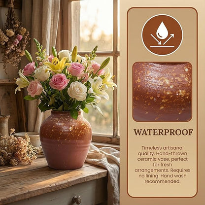 7IN Rustic Farmhouse Ceramic Vase Home Decor,Handmade Vintage Stoneware Clay Pottery Terracotta Textured for Modern Farmhouse, Living Room, Office Desk Table Shelf(Brown)