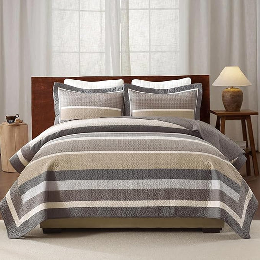 100% Cotton Quilts King Size, King Quilt Bedding Set Bedspread, Striped Quilt for King Bed, 3 Pieces Farmhouse Reversible Lightweight Comforter Bed Spread, Gray/Brown/Beige