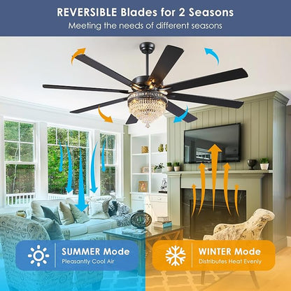 Asyko Crystal Ceiling Fan Fandelier with Lights - Modern Outdoor Fans with Remote Control,Noiseless DC Motor, Retro/Farmhouse Lighting, Dining Room,Living Room (72"