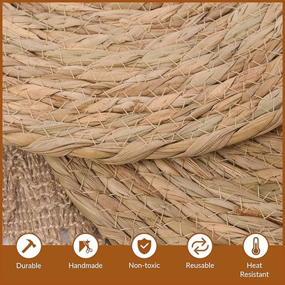 Defined Deco Woven Placemats Set of 10,16"x12"Braided Oval Rattan Table Mats,Farmhouse & Boho Vintage Style for Christmas Dining, Kitchen, and Party Decor