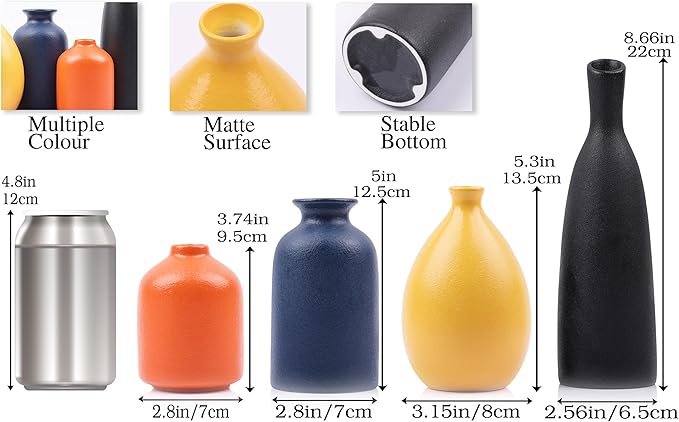 Ceramic Bud Vases Set of 4, Minimalism Style Vases for Rustic Home Decor, Black Yellow Orange Blue Vase, Multi-Color Ceramic Decorative Vases for Modern Home Decor, Floral Arrangements, Centerpieces