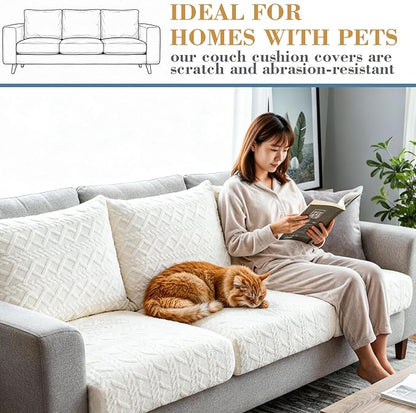 3 Pcs Jacquard Couch Cushion Covers for Sofa Stretch Plush Soft Seat Cover Washable Sofa Slip Covers with Elastic Bottom Modern Boho Furniture Protector for Sectional Slipcovers(Cream)