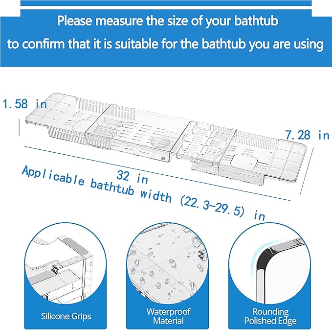 Expandable Bathtub Tray,Clear Plastic Anti-Slip Bath Tub Shelf Caddy Tray,Luxury Bathtub & Bathroom Accessories for Relaxing Spa,Suitable for bathtubs with an Internal Width of up to 29.5 inch