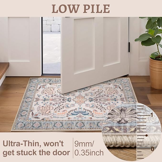 Tangsoo 2x3 Small Rug for Entryway, Washable Area Entry Rug Non Slip, Neutral Low Pile Soft Area Rugs, Indoor Front Door Boho Floral Throw Rugs for Entrance Kitchen Bedroom Bathroom Home Decor
