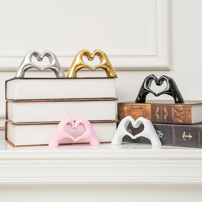 Small Heart Hands Sculpture Decor for Living Room Bedroom Bookshelf Coffe Table, Love Finger Statue Modern Aesthetic Home Decor, Unique Gift for Wedding Christmas Birthday (Shiny Pink)