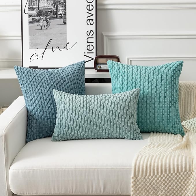 Kevin Textile Throw Pillow Covers Soft Corduroy Decorative Set of 2 Boho Striped Pillow Covers Pillowcases Farmhouse Home Decor for Couch Bed Sofa Living Room 22x22 Inch Blue Grey